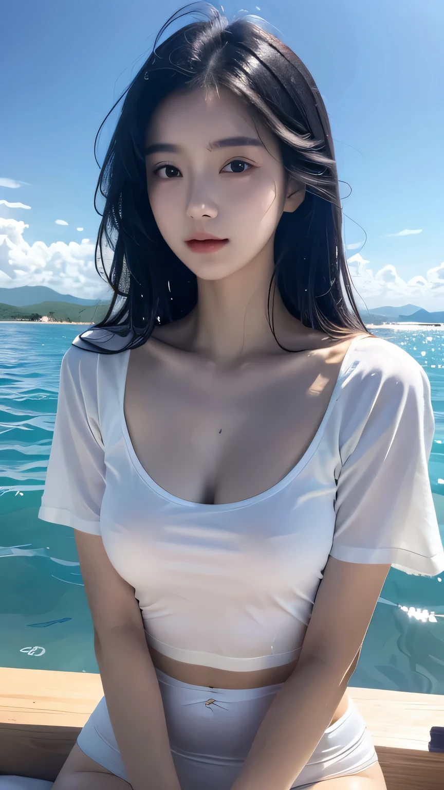 a woman 18-years old,Melon seed face,Exquisite facial features,Oval face,Long black hair,White skin,Detailed background,Rich details,panoramic,masterpiece,Movie,Best picture quality,Ambient Lighting,She was wearing a wet white short-sleeved top and a white,Milk developed,Her hair is black,And it looks like it just came out of swimming or playing in the water.。A vast expanse of water and sky can be seen in the background,giving people a sense of tranquility and relaxation。