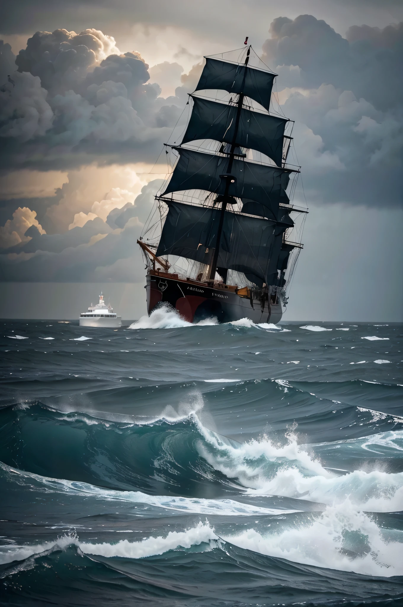 An abstract representation of a stormy sea with a calm ship navigating through, symbolizing resilience and facing challenges. Use dynamic, yet muted colors.