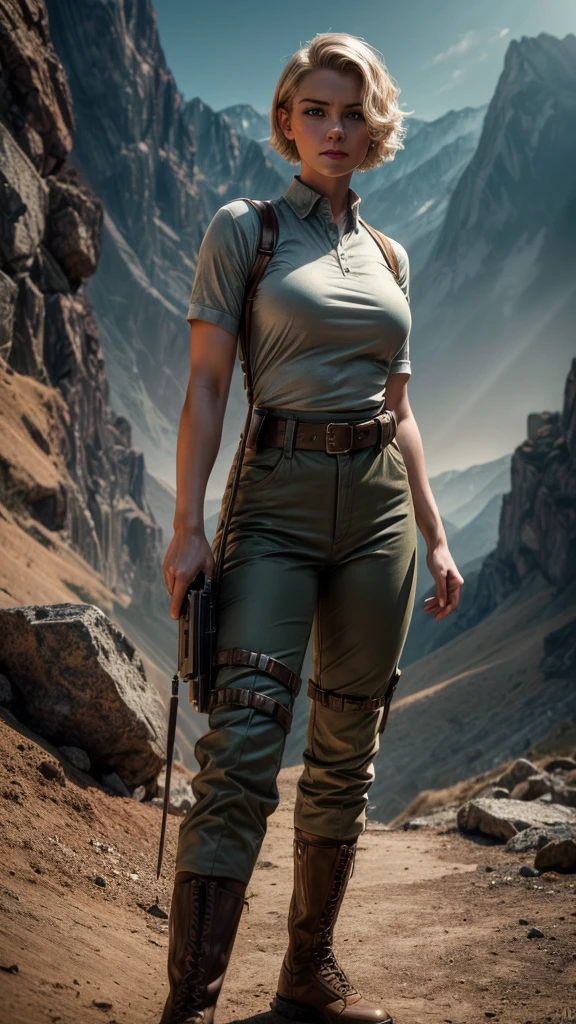 1940s pinup girl, short blonde hair, 30 years old, semi athletic build, 5 foot height, light blue eyes, gray skin tight shirt, khaki tight pants, tactical belt, boots, standing in the mountains, (best quality,4k,8k,highres,masterpiece:1.2),ultra-detailed,(realistic,photorealistic,photo-realistic:1.37),dramatic lighting,dramatic color palette,highly detailed portrait,cinematic lighting,cinematic composition,intricate details,striking pose,cinematic environment