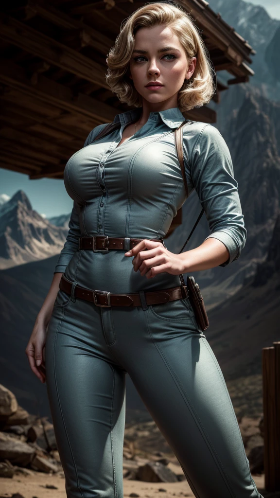 1940s pinup girl, short blonde hair, 30 years old, semi athletic build, 5 foot height, light blue eyes, gray skin tight shirt, khaki tight pants, tactical belt, boots, standing in the mountains, (best quality,4k,8k,highres,masterpiece:1.2),ultra-detailed,(realistic,photorealistic,photo-realistic:1.37),dramatic lighting,dramatic color palette,highly detailed portrait,cinematic lighting,cinematic composition,intricate details,striking pose,cinematic environment