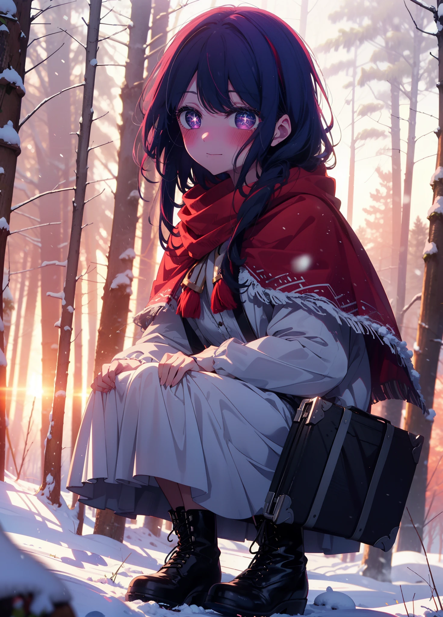 aihoshino, Ai Hoshino, Long Hair, bangs, (Purple eyes:1.1), Purple Hair, (Symbol-shaped pupil:1.5), smile,,smile,blush,white breath,
Open your mouth,snow,Ground bonfire, Outdoor, boots, snowing, From the side, wood, suitcase, Cape, Blurred, , forest, White handbag, nature, Squat, Mouth closed, Cape, winter, Written boundary depth, Black shoes, red Cape break looking at viewer, Upper Body, whole body, break Outdoor, forest, nature, break (masterpiece:1.2), Highest quality, High resolution, unity 8k wallpaper, (shape:0.8), (Beautiful and beautiful eyes:1.6), Highly detailed face, Perfect lighting, Highly detailed CG, (Perfect hands, Perfect Anatomy),