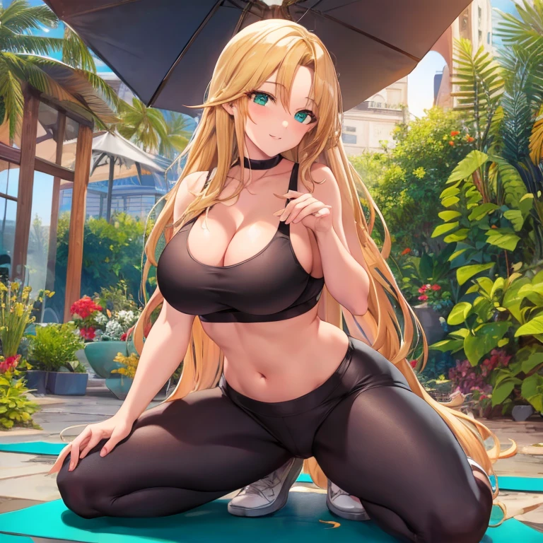 masterpiece, Best Quality, (((Mature woman solo ))), (((long blonde hair))), Horse tail, bunker, (((Wide hips))), (((aqua green eyes))), full lips, seductive smile, neckline, (kneeling on a rug in the backyard), outdoor,  Sunset, blush, (((wearing red yoga pants with black sports bra))), [janet], [Alicia], "beautiful mature face" , Age 30 , milf , adult