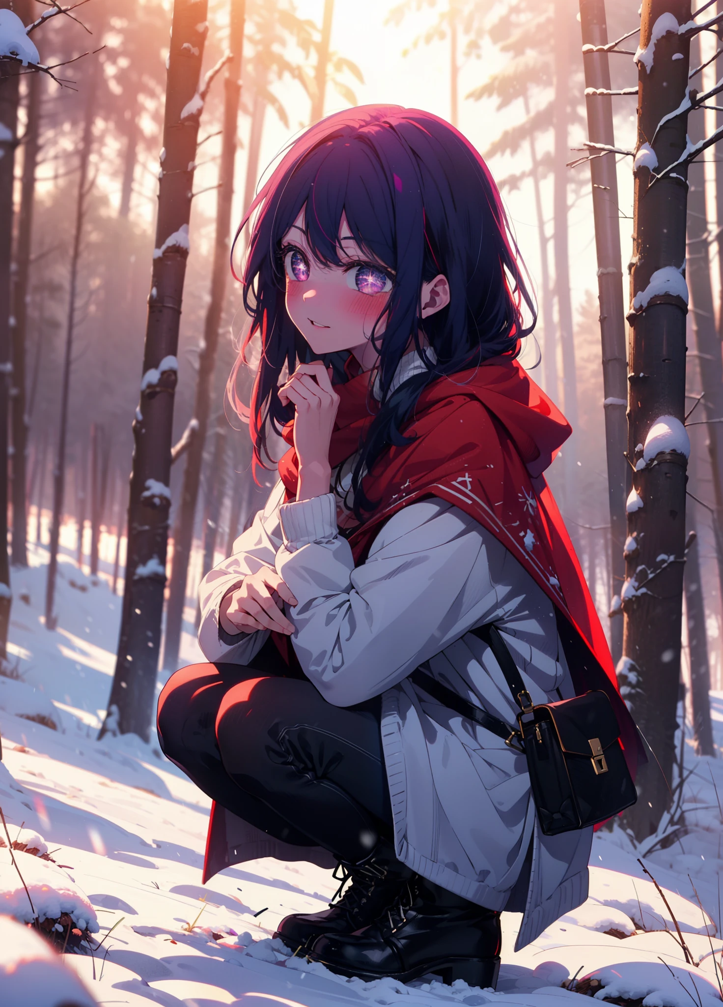 aihoshino, Ai Hoshino, Long Hair, bangs, (Purple eyes:1.1), Purple Hair, (Symbol-shaped pupil:1.5), smile,,smile,blush,white breath,
Open your mouth,snow,Ground bonfire, Outdoor, boots, snowing, From the side, wood, suitcase, Cape, Blurred, , forest, White handbag, nature, Squat, Mouth closed, Cape, winter, Written boundary depth, Black shoes, red Cape break looking at viewer, Upper Body, whole body, break Outdoor, forest, nature, break (masterpiece:1.2), Highest quality, High resolution, unity 8k wallpaper, (shape:0.8), (Beautiful and beautiful eyes:1.6), Highly detailed face, Perfect lighting, Highly detailed CG, (Perfect hands, Perfect Anatomy),