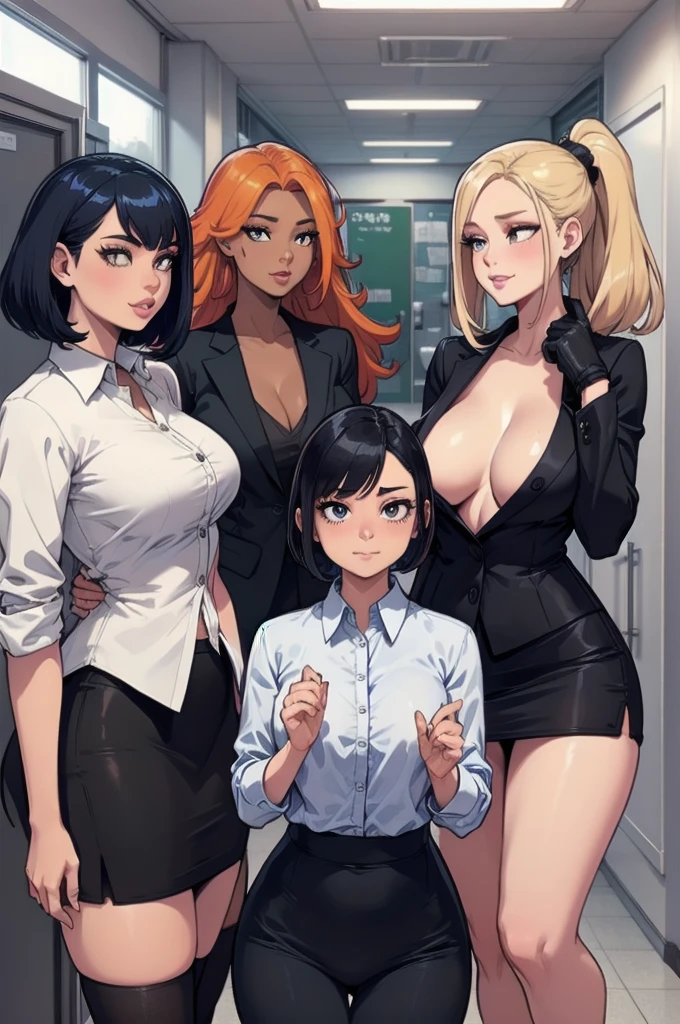 Group of gorgeous girls having fun in an office, perfect bodies, (diverse ethnicities:1.4), colourful image, colourful hair, colourful clothes, diverse skin colour, diverse hair style, diverse body types, beautiful faces, detailed eyes, cute professional office clothes, unique appearances, vastly different body types, (different hair colours), (vastly different appearances:1.2), (unique hair styles, unique hair colours), (Asian, African, Caucasian, Indian), curvy ginger girl, toned Indian girl, busty blonde girl, very tall African girl, (comparing breast sizes:1.3), pantsuits, pencil skirt, blouse, button up shirt, sweater, tie, tights, boots, hairpin, glasses, buttons burst, very short, very tall, fun time, happy, sexy, laugh