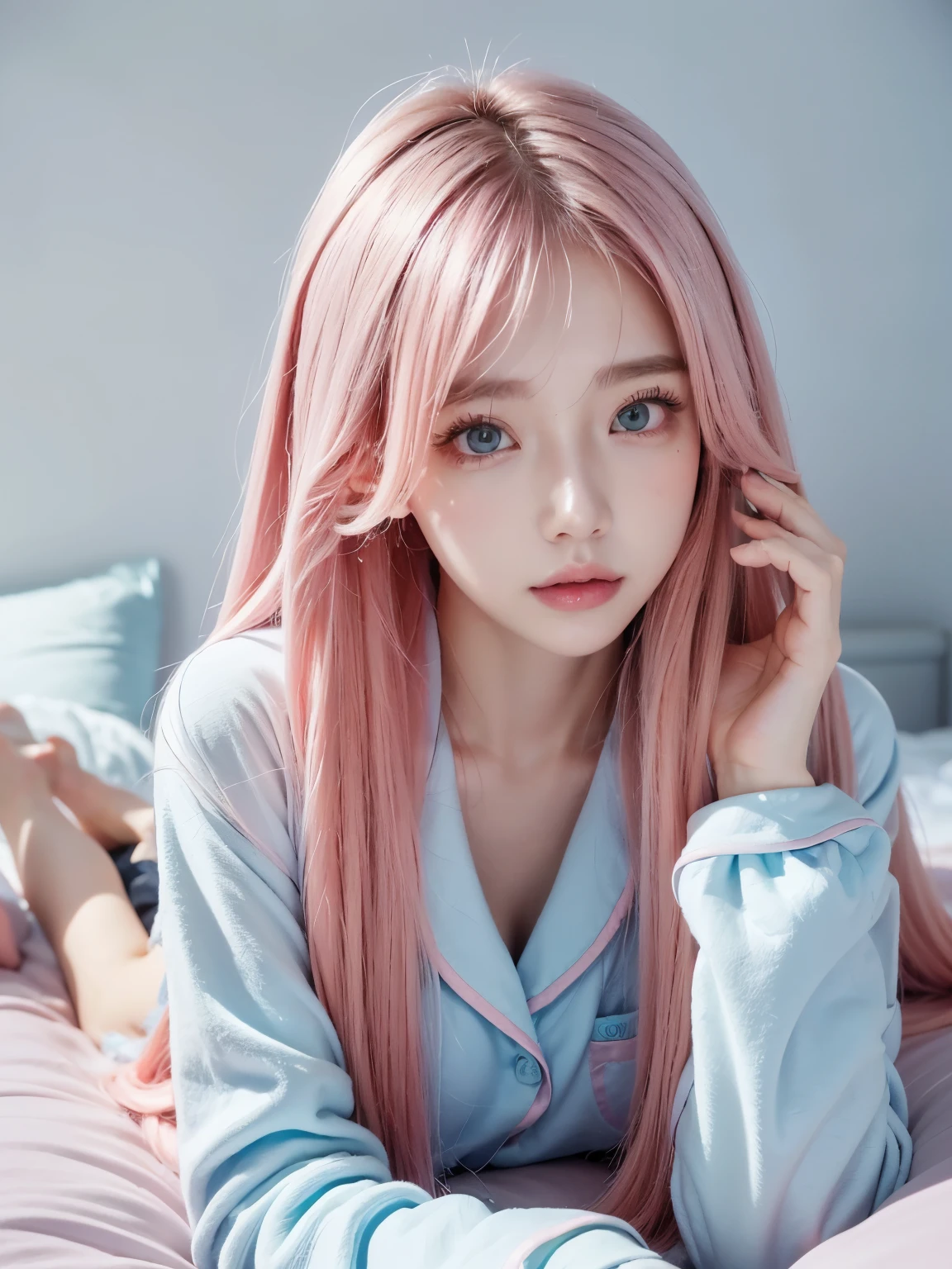 lie on one’s stomach、Wearing very sloppy pajamas, Very sloppy pajama details((light blue)),Very detailed,(Beautiful pink hair, Beautiful eyes, Long Hair, )Beautiful Face、Well-formed face、Well-balanced nose、Color your hair pink、bed、night、full body,