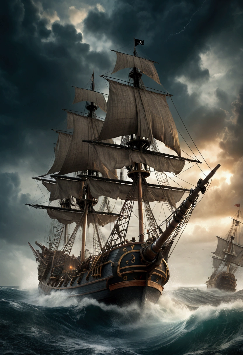 a pirate ship in the middle of a fierce battle at sea, cannons firing, pirate crew fighting with swords and pistols, dark cloudy sky, crashing waves, dramatic lighting, cinematic composition, highly detailed, photorealistic, 8k, (best quality, 4k, 8k, highres, masterpiece:1.2), ultra-detailed, (realistic, photorealistic, photo-realistic:1.37), dramatic lighting, cinematic composition, dynamic action, gritty and grungy, moody color palette, stormy seascape, intense battle scene, skilled pirates, weathered and worn ship, cannon fire and smoke, swords clashing, naval warfare, dangerous high seas