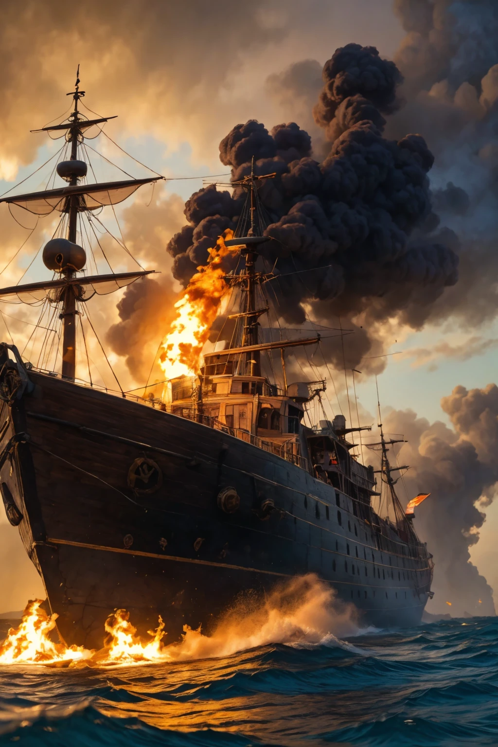 Pirate Ship Battle with their Skull and Crossbones Flags:1.3, A group of pirate ships engaged in a fierce battle, Pirates fighting with swords on the deck of the ships:1.5, Fire, Smoke, Dramatic Lighting, Stormy Seas, High Waves, Dramatic Sky, Cinematic Atmosphere, Detailed Textures, Photorealistic, 8k, (Best Quality, 4k, 8k, Hi-Res, Masterpiece:1.2), Ultra-Detailed, (Realistic, Photorealistic, Photorealistic:1.37), Dynamic Action, Intense Combat, Vivid Colors, Dramatic Shadows and Reflections