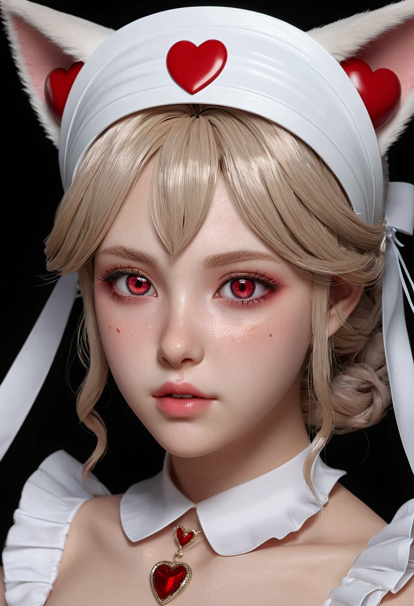 by white, maid headdress, heart-shaped pupils, heterochromia, Red eyes, white eyes, cat ears, shy, blush, pursed lips, heart in the eye, animated style, HD, retina, masterpiece, anatomically correct, textured skin, High details, Super detail, high quality, Best Quality, High resolution, 16k