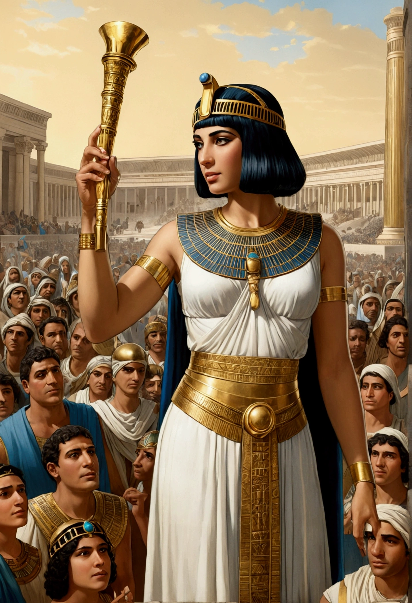Cleopatra, holding a golden scepter, addressing a crowd of Egyptians, with the Great Library of Alexandria in the background.