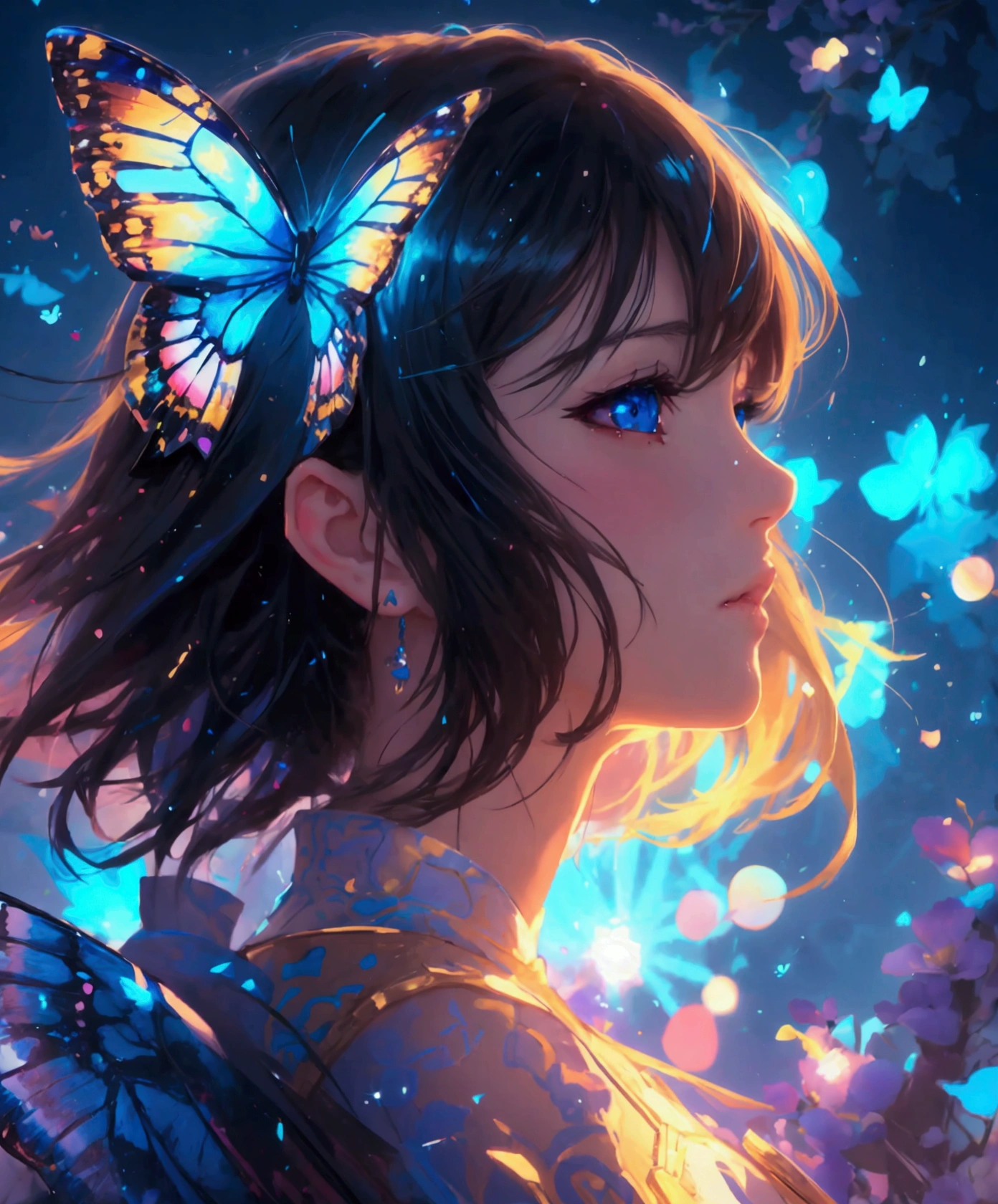 anime girl with butterfly wings and blue eyes, artwork in the style of guweiz,, she is dancing 🎶 happily detailed digital anime art, beautiful anime portrait, digital anime art, stunning anime face portrait, anime girl with cosmic hair, detailed portrait of anime girl, digital anime illustration, highly detailed exquisite fanart, anime styled digital art, 8k artgerm bokeh, kawaii realistic portrait