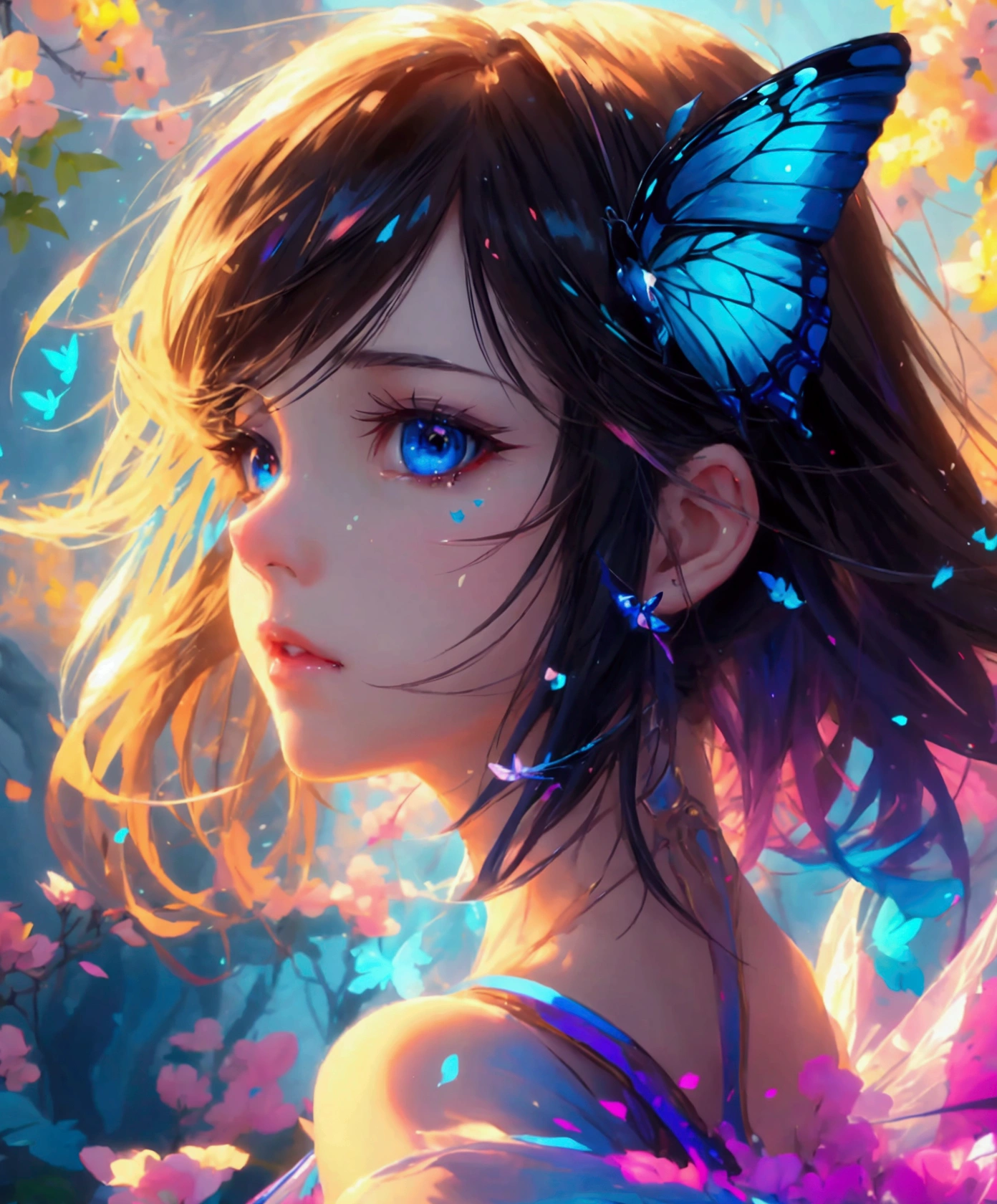anime girl with butterfly wings and blue eyes, artwork in the style of guweiz,, she is dancing 🎶 happily detailed digital anime art, beautiful anime portrait, digital anime art, stunning anime face portrait, anime girl with cosmic hair, detailed portrait of anime girl, digital anime illustration, highly detailed exquisite fanart, anime styled digital art, 8k artgerm bokeh, kawaii realistic portrait