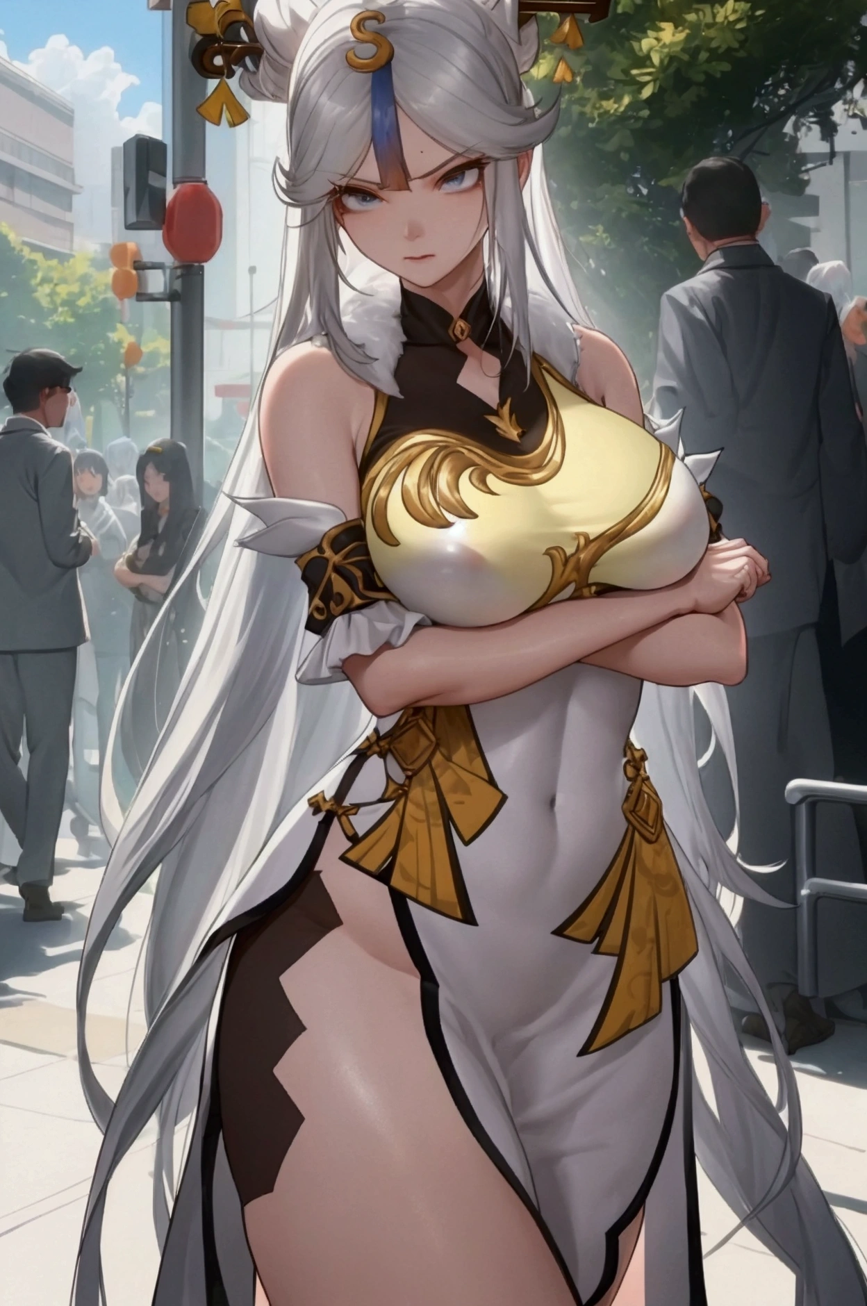 (Ningguang),(Silver Hair)、(Long Hair)、(black and white tight clothes),(True to prompts)、(Arms crossed)、(Glaring with sharp eyes)、(Super big breasts),(Busy Street)、(Many people々々々々々々々々々々々)、(sunny)、(blue sky)、(Best lighting)、{{{Browsing Caution}}}、{{{masterpiece}}}, {{{Highest quality}}}, {{ultra-detailed}}, {{shape}}, {{{Very delicate and beautiful}}},{{extremely detailed CG}}、{{unity 8k portrait}}、{{Fabric Shading}}、{{super detailed skin}}、{{Perfect Anatomy}}、{{detailed}}、{{Dynamic Lighting}}、{{{beautiful detailed eyes}}}、{{{beautiful detailed Face}}}、(Perfect Legs)、(Perfect breasts)、(Perfect pose)、(Perfect body)