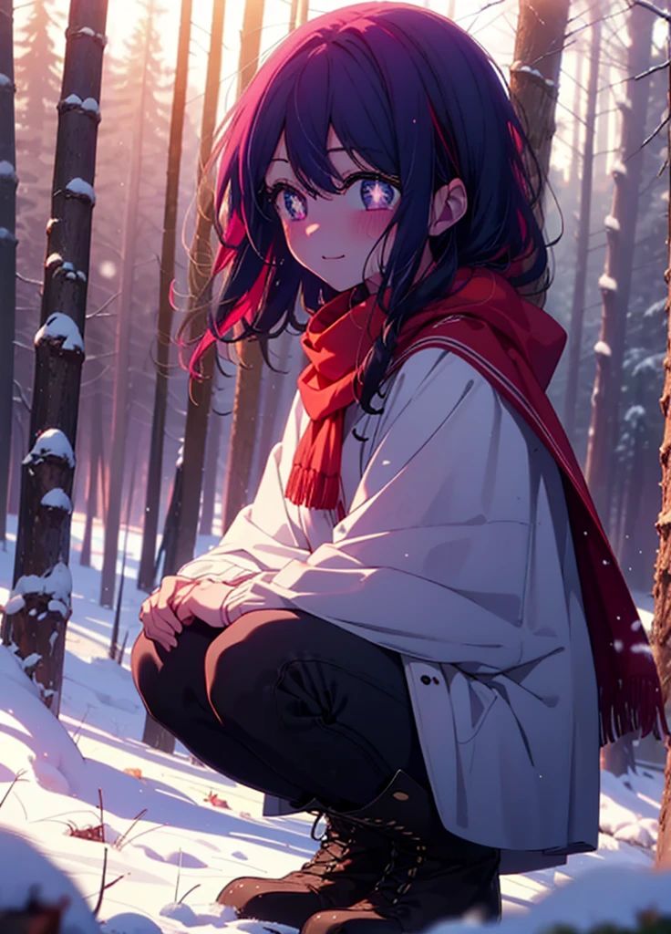aihoshino, Ai Hoshino, Long Hair, bangs, (Purple eyes:1.1), Purple Hair, (Symbol-shaped pupil:1.5), smile,,smile,blush,white breath,
Open your mouth,snow,Ground bonfire, Outdoor, boots, snowing, From the side, wood, suitcase, Cape, Blurred, , forest, White handbag, nature, Squat, Mouth closed, Cape, winter, Written boundary depth, Black shoes, red Cape break looking at viewer, Upper Body, whole body, break Outdoor, forest, nature, break (masterpiece:1.2), Highest quality, High resolution, unity 8k wallpaper, (shape:0.8), (Beautiful and beautiful eyes:1.6), Highly detailed face, Perfect lighting, Highly detailed CG, (Perfect hands, Perfect Anatomy),