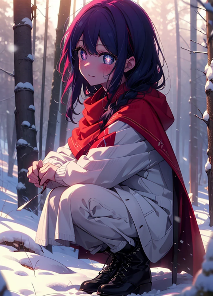 aihoshino, Ai Hoshino, Long Hair, bangs, (Purple eyes:1.1), Purple Hair, (Symbol-shaped pupil:1.5), smile,,smile,blush,white breath,
Open your mouth,snow,Ground bonfire, Outdoor, boots, snowing, From the side, wood, suitcase, Cape, Blurred, , forest, White handbag, nature, Squat, Mouth closed, Cape, winter, Written boundary depth, Black shoes, red Cape break looking at viewer, Upper Body, whole body, break Outdoor, forest, nature, break (masterpiece:1.2), Highest quality, High resolution, unity 8k wallpaper, (shape:0.8), (Beautiful and beautiful eyes:1.6), Highly detailed face, Perfect lighting, Highly detailed CG, (Perfect hands, Perfect Anatomy),