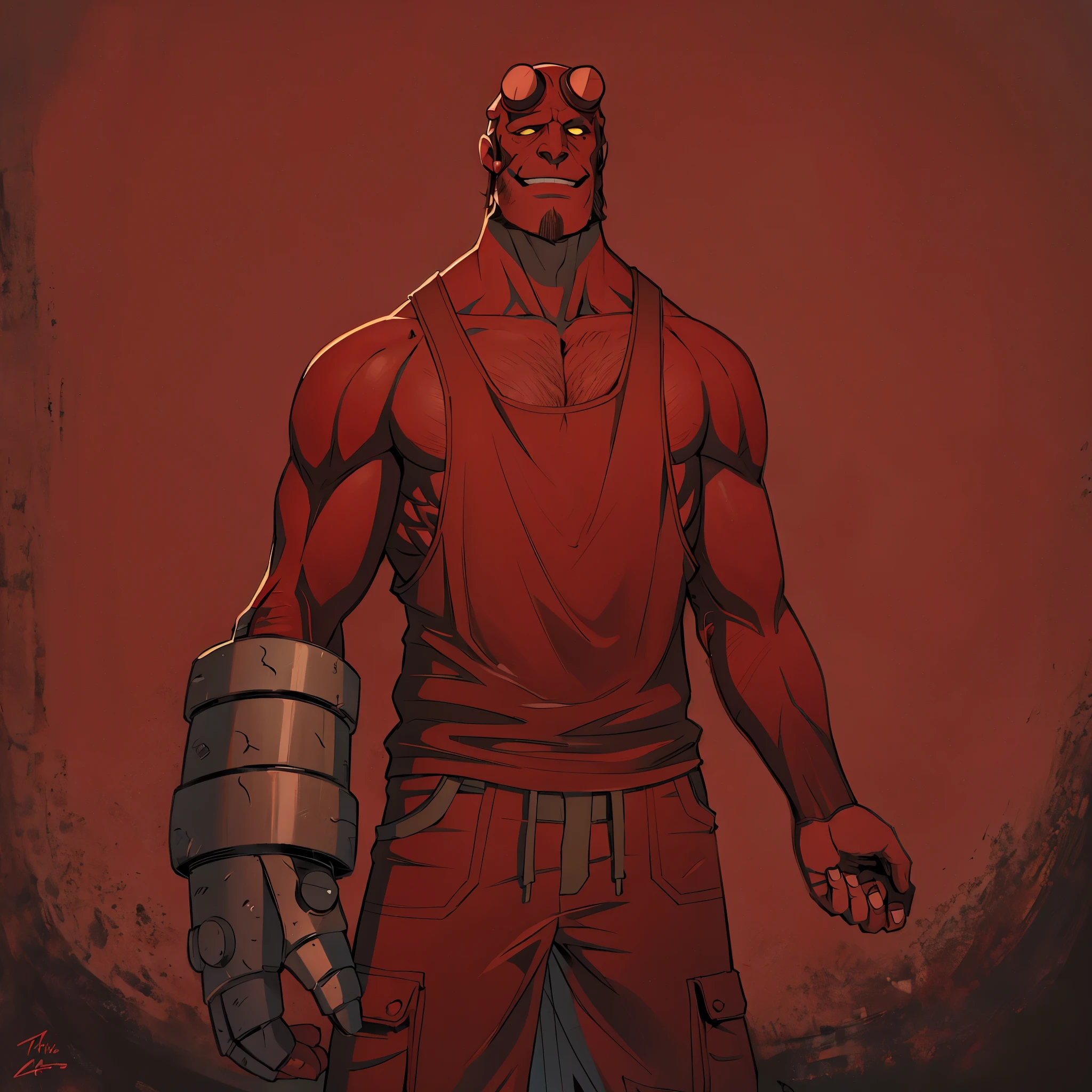 illustration of Hellboy in a red checkered shirt, he is very muscular and looks at the camera smiling and putting out his hand inviting him to come over