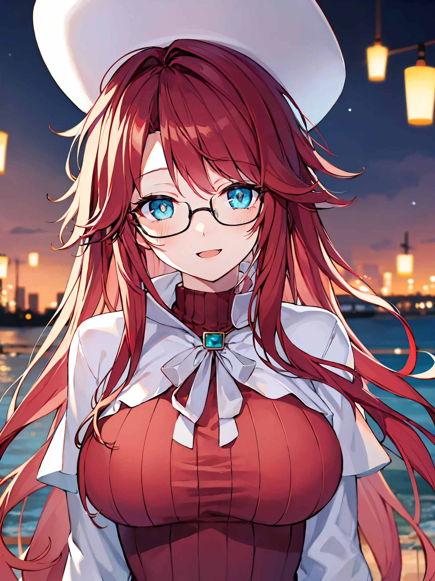 summonnightaty, aty, (young:1.3),long hair, blue eyes, red hair, big_tits, hat, glasses, BREAK long hair,, hat, dress,glasses, cape, sweater, beret,ribbed sweater,,solo, BREAK outdoors, fantasy, BREAK (masterpiece:1.2), best quality, high resolution, unity 8k wallpaper, (illustration:0.8), (beautiful detailed eyes:1.6), extremely detailed face, perfect lighting, extremely detailed CG, perfect anatomy),covered_nipples,half_eyes,sleepy_eyes,red_sweater,magical_effect,,Smile,open_mouth,solo,in_modern_town_landscape,night_sky,solo,portrait,bust up,looking_viewer