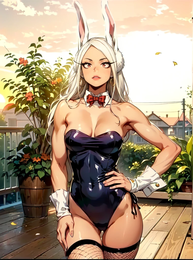 (((1girl, solo, mirko, mirkomha, boku no hero academia, (white hair, red eyes, long hair, rabbit ears, dark skin), lipstick, gold earrings, muscular, fitness)), sensual pose, Beautiful, diamond necklace)), ((solo, 1woman, pink lipstick, Extremely detailed, ambient soft lighting, 4k, perfect eyes, a perfect face, perfect lighting, a 1girl)), austere, ((fitness,, shapely body, athletic body, toned body)), ((bunny costume, playboy bunny, fishnet stockings, black swimsuit, bow tie, gazebo, sunset, forest, potted plant, flowers, wooden deck))