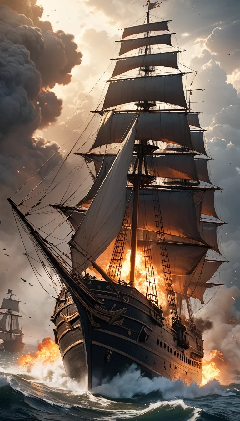 a dramatic cinematic scene of a pirate war, great naval battle in the caribbean during the 18th century, multiple ships shoot each other, with damages, fire, smoke, wounded pirates, dueling pirates fighting with swords and guns, aerial view, (best quality,4k,8k,highres,masterpiece:1.2),ultra-detailed,(realistic,photorealistic,photo-realistic:1.37),dramatic lighting,epic scale,intense action,dynamic composition,moody color palette,chiaroscuro lighting,cinematic framing,high contrast