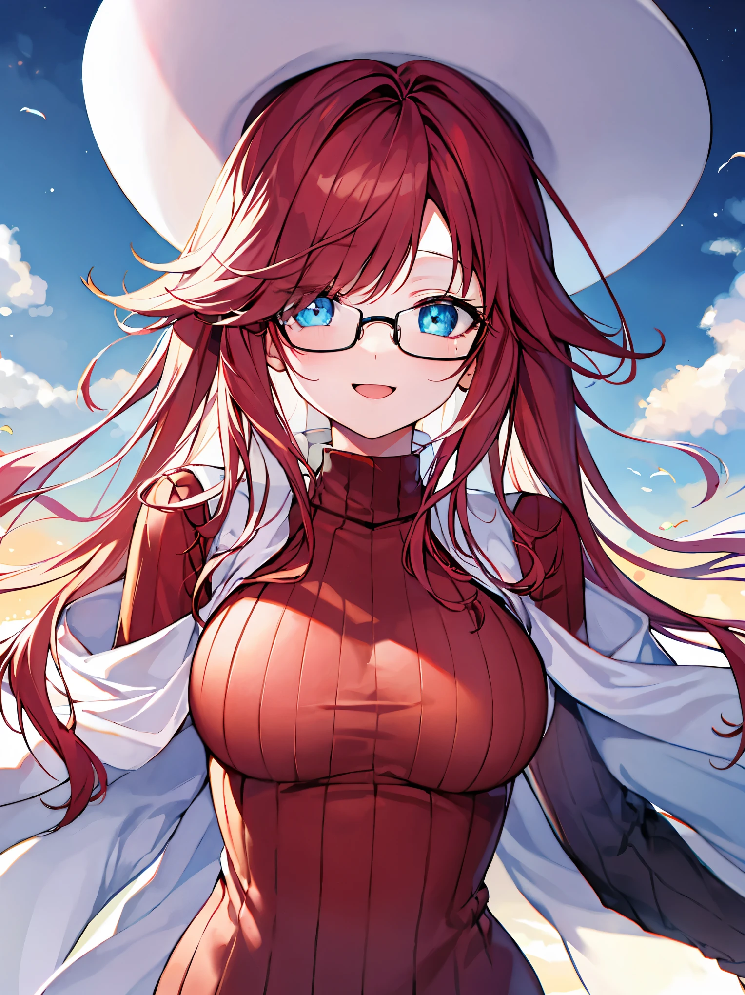 summonnightaty, aty, (young:1.3),long hair, blue eyes, red hair, big_tits, hat, glasses, BREAK long hair,, hat, dress,glasses, cape, sweater, beret,ribbed sweater,,solo, BREAK outdoors, fantasy, BREAK (masterpiece:1.2), best quality, high resolution, unity 8k wallpaper, (illustration:0.8), (beautiful detailed eyes:1.6), extremely detailed face, perfect lighting, extremely detailed CG, perfect anatomy),covered_nipples,half_eyes,sleepy_eyes,red_sweater,magical_effect,,Smile,open_mouth,solo,in_modern_town_landscape,night_sky,solo,portrait,bust up,looking_viewer