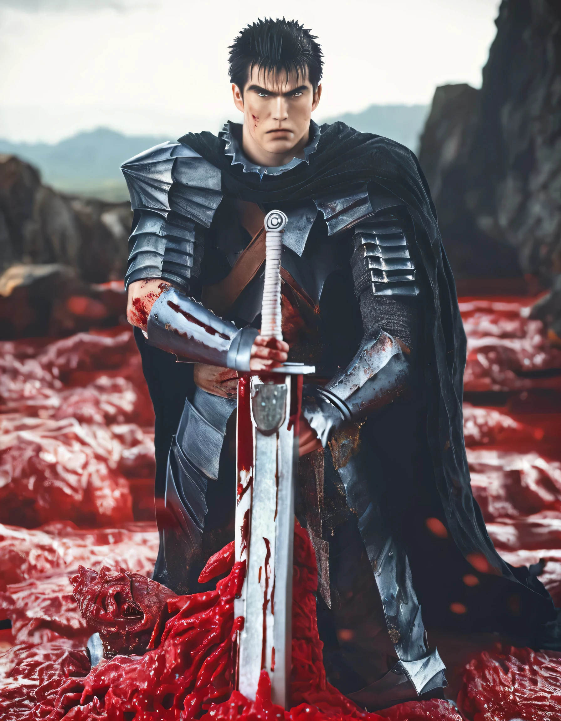 Dark fantasy-style illustration featuring Guts, also known as the Black Swordsman, with a stern expression, standing in a battle-ready pose. The character has short, dark hair and a rugged face with a determined look, reminiscent of Kentaro Miura's iconic style. He is dressed in black armor with red accents and a flowing black cape. The warrior wields a large, blood-stained Dragon Slayer sword, and the ground around him is littered with defeated, grotesque creatures, emphasizing a recent battle. The background is a dark, eerie landscape with jagged rock formations and a blood-red ground. At the bottom of the image, there is a signature in a stylized red font that reads 'ArtVision1999'. anime, anatomically correct, super detail, high quality, 4K