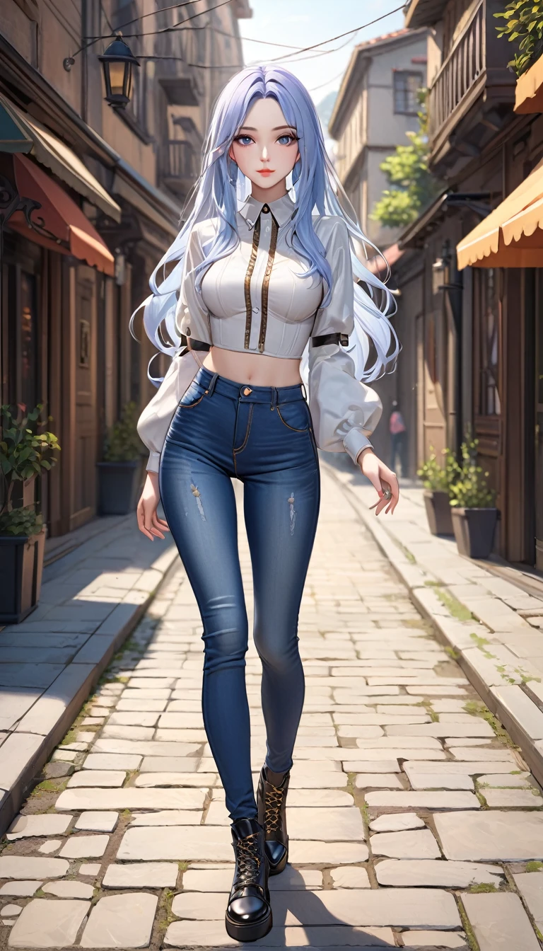 ((best quality, masterpiece:1.3, 8K)), (detailed), highly detailed face and skin texture, detailed eyes, full body, outdoor, (slender body:1.1), 1girl, (solo), (18+ years old), white skin, bright lips, seductive smile, long hair, edgy outfit, medium breast, (jeans pants), 