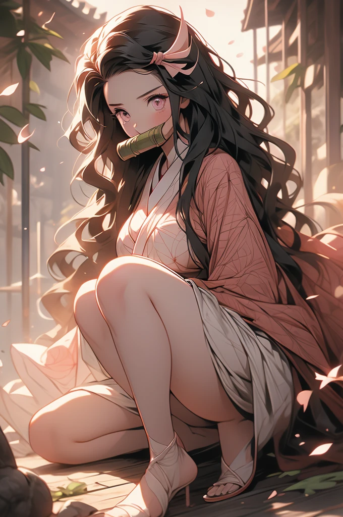 1 woman, full body, nezuko kamado oni mode, with bamboo in her mouth, demon hunter, Kimetsu no yaiba, beautiful, long hair, pink eyes, perfect, ultra hd, naked, showing her breasts, showing her pussy, nails like claws, perfect feet, demon hunter scenario, under a sakura tree, sakura leaves falling from the sky, angry face, beautiful feet, beautiful pussy, beautiful tits, legs open (showing the pussy in great detail)