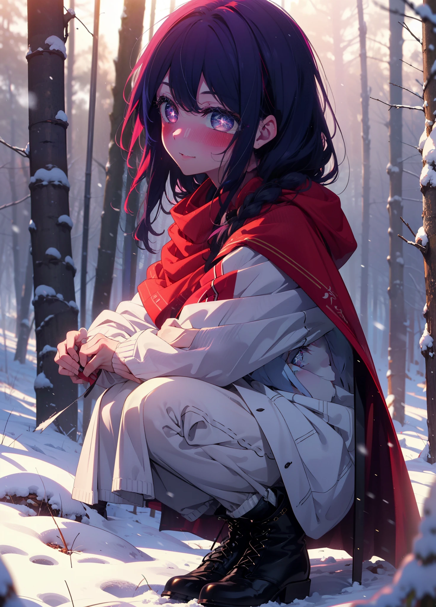 aihoshino, Ai Hoshino, Long Hair, bangs, (Purple eyes:1.1), Purple Hair, (Symbol-shaped pupil:1.5), smile,,smile,blush,white breath,
Open your mouth,snow,Ground bonfire, Outdoor, boots, snowing, From the side, wood, suitcase, Cape, Blurred, , forest, White handbag, nature, Squat, Mouth closed, Cape, winter, Written boundary depth, Black shoes, red Cape break looking at viewer, Upper Body, whole body, break Outdoor, forest, nature, break (masterpiece:1.2), Highest quality, High resolution, unity 8k wallpaper, (shape:0.8), (Beautiful and beautiful eyes:1.6), Highly detailed face, Perfect lighting, Highly detailed CG, (Perfect hands, Perfect Anatomy),