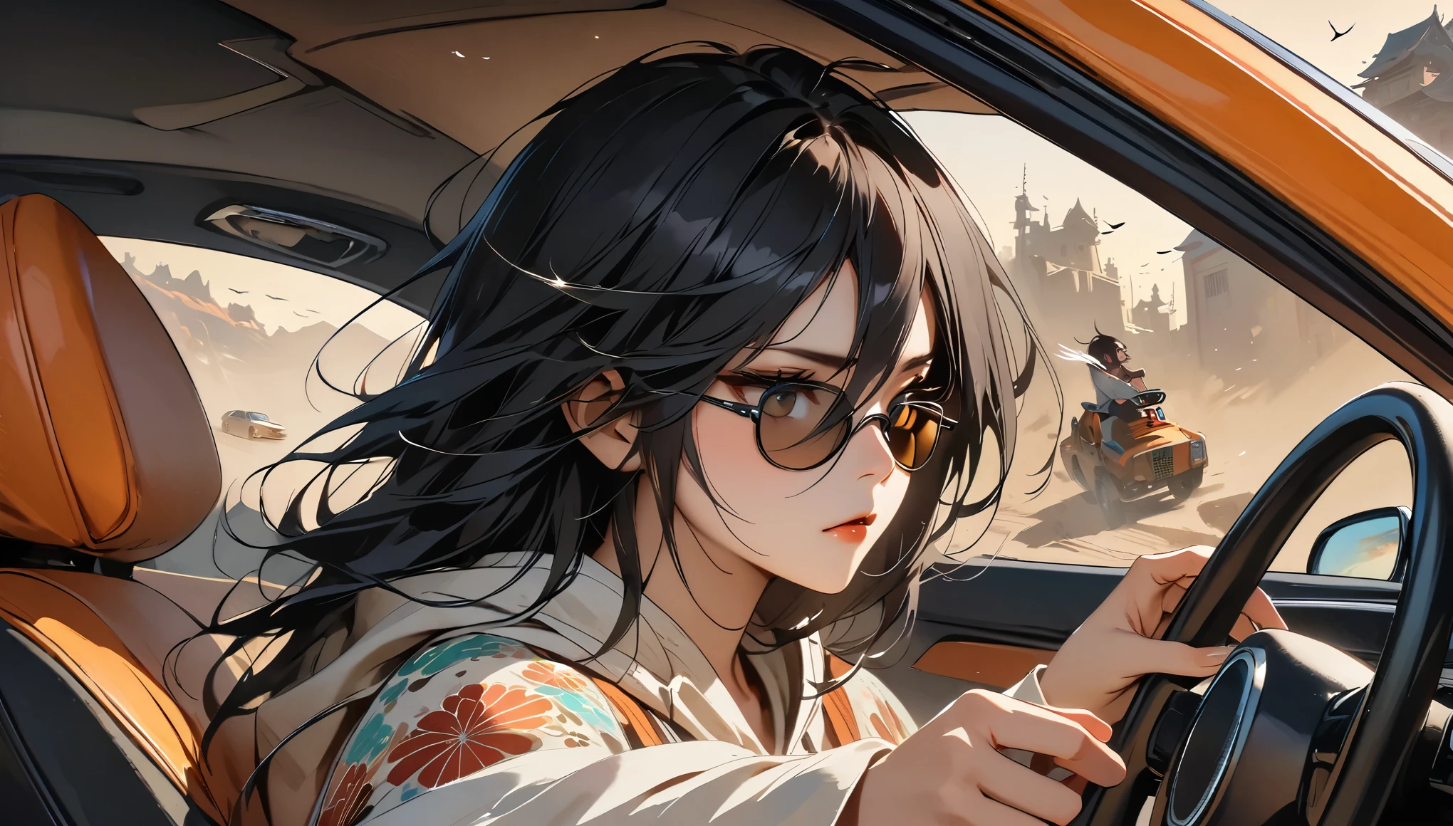 ((8k of extremely detailed CG unit, Masterpiece, high resolution, highest quality, highest quality real texture skin)), (wearing Japanese pattern headphones), ((1 girl)), (((side view))), (((Holding the steering wheel of a car and driving))), (((sunglasses))), (Japanese pattern hoodie, Japanese-style shorts), (Black hair, messy hair, beige skin), (surreal, digital painting), (((Hair fluttering in the wind)))