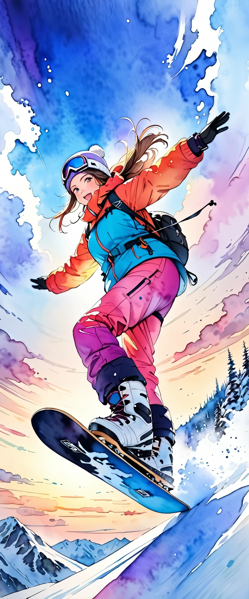 (masterpiece:1.2, Highest quality,Highest quality,Very detailedな:1.2),(Very detailed),8k,(watercolor:1.3),A woman snowboarding,Backcountry,Jump,(From below),(Beautiful gradation created by layering),(Tarashikomi technique),(dynamic:1.6)