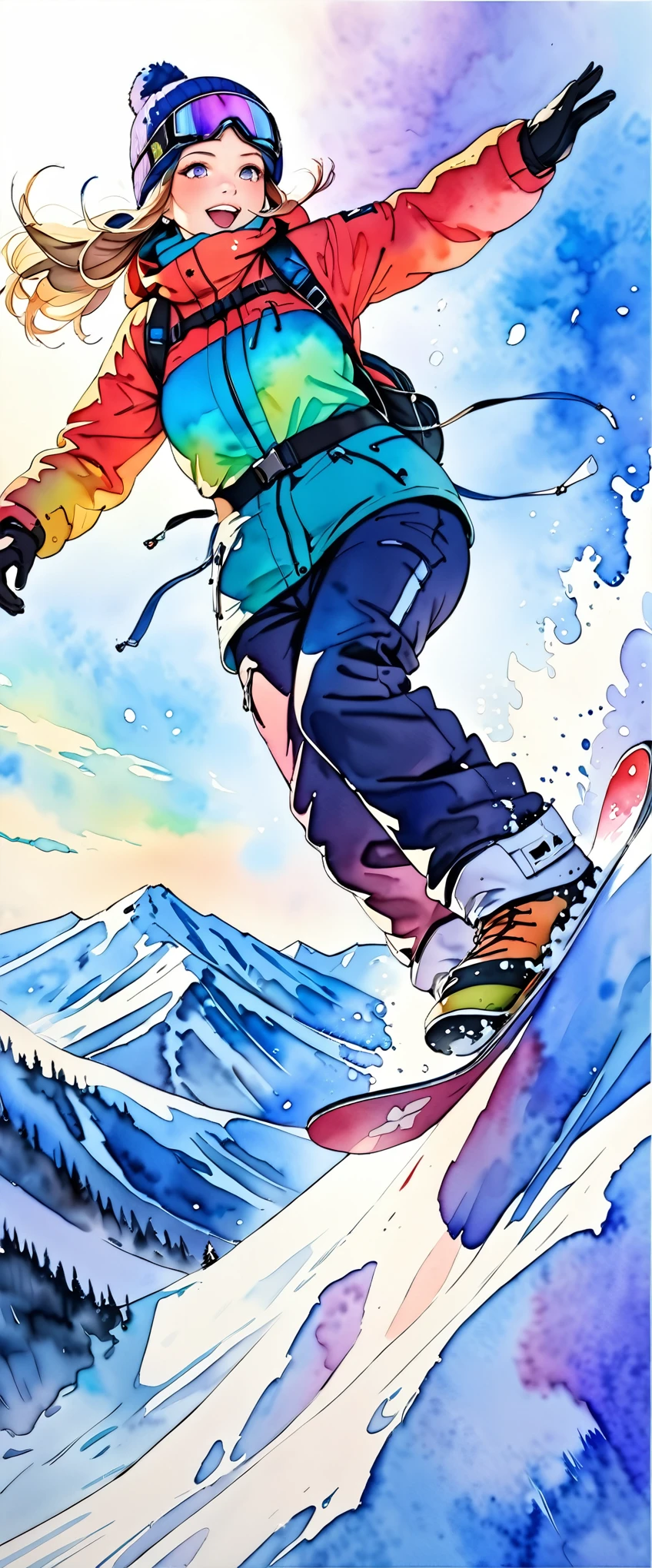 (masterpiece:1.2, Highest quality,Highest quality,Very detailedな:1.2),(Very detailed),8k,(watercolor:1.3),A woman snowboarding,Backcountry,Jump,(From below),(Beautiful gradation created by layering),(Tarashikomi technique),(dynamic:1.6)