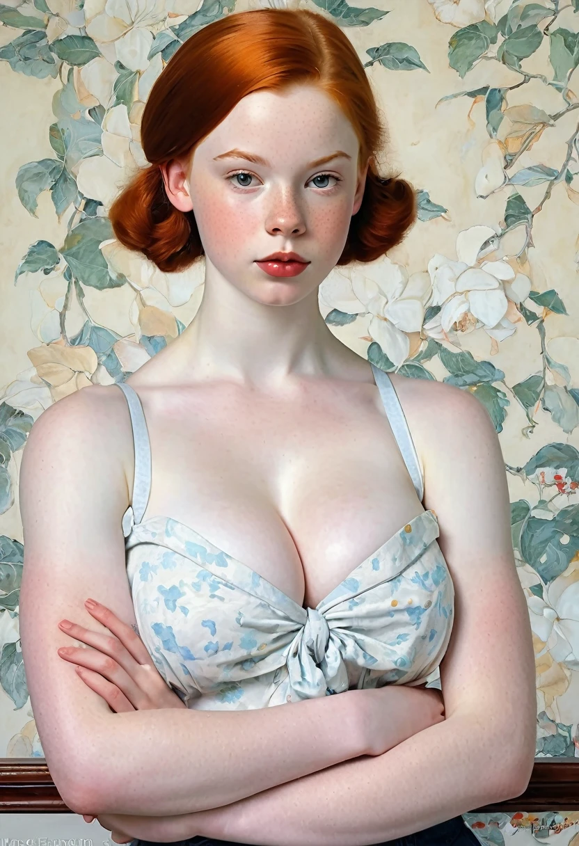 pale skin muscular redhead girl huge breasts in the style of Norman Rockwell