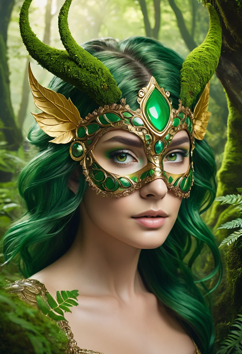 (Masterpiece, 8K, UHD, high resolution: 1.4), Terra, a 30-year-old woman, (wearing a chimera-inspired mask: 1.3), (with intricate details of stones and foliage in green, brown, and gold: 1.3), (her moss-green hair long and slightly wavy: 1.2), (flowing harmoniously with the environment: 1.2), (green eyes with a soft, natural glow: 1.2), (reflecting nature's calm and wisdom: 1.2), (set in a natural forest or garden scene: 1.3), (surrounded by majestic trees, lush plants, and moss-covered rocks: 1.3), (filtered light through tree canopies creating a peaceful and magical atmosphere: 1.3), (realistic and intricate details: 1.2), (dynamic and enchanting perspective: 1.3)