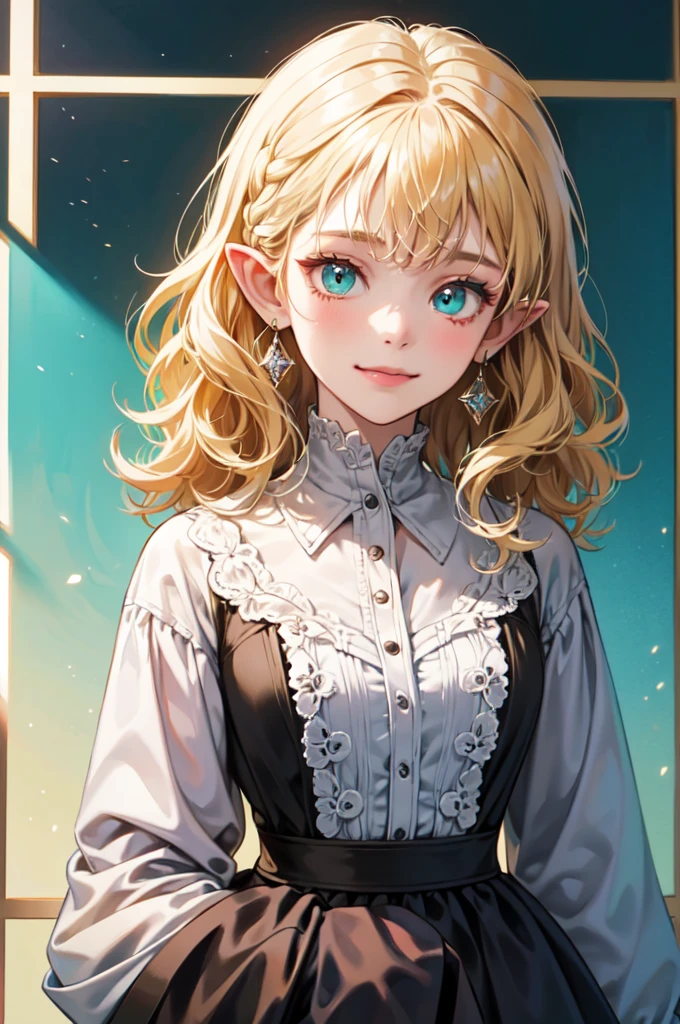 1girl, blonde hair, bangs, curly hair, hime cut, braided bangs, aqua eyes, glowing eyes, crystal earrings, pointy ears, makeup, embarrassed, nervous, nervous smile, pov, wide shot, depth of field, masterpiece, accurate, anatomically correct, high quality, 4K, 8k, highres, masterpiece, accurate, anatomically correct, high quality, 4K, 8k, highres