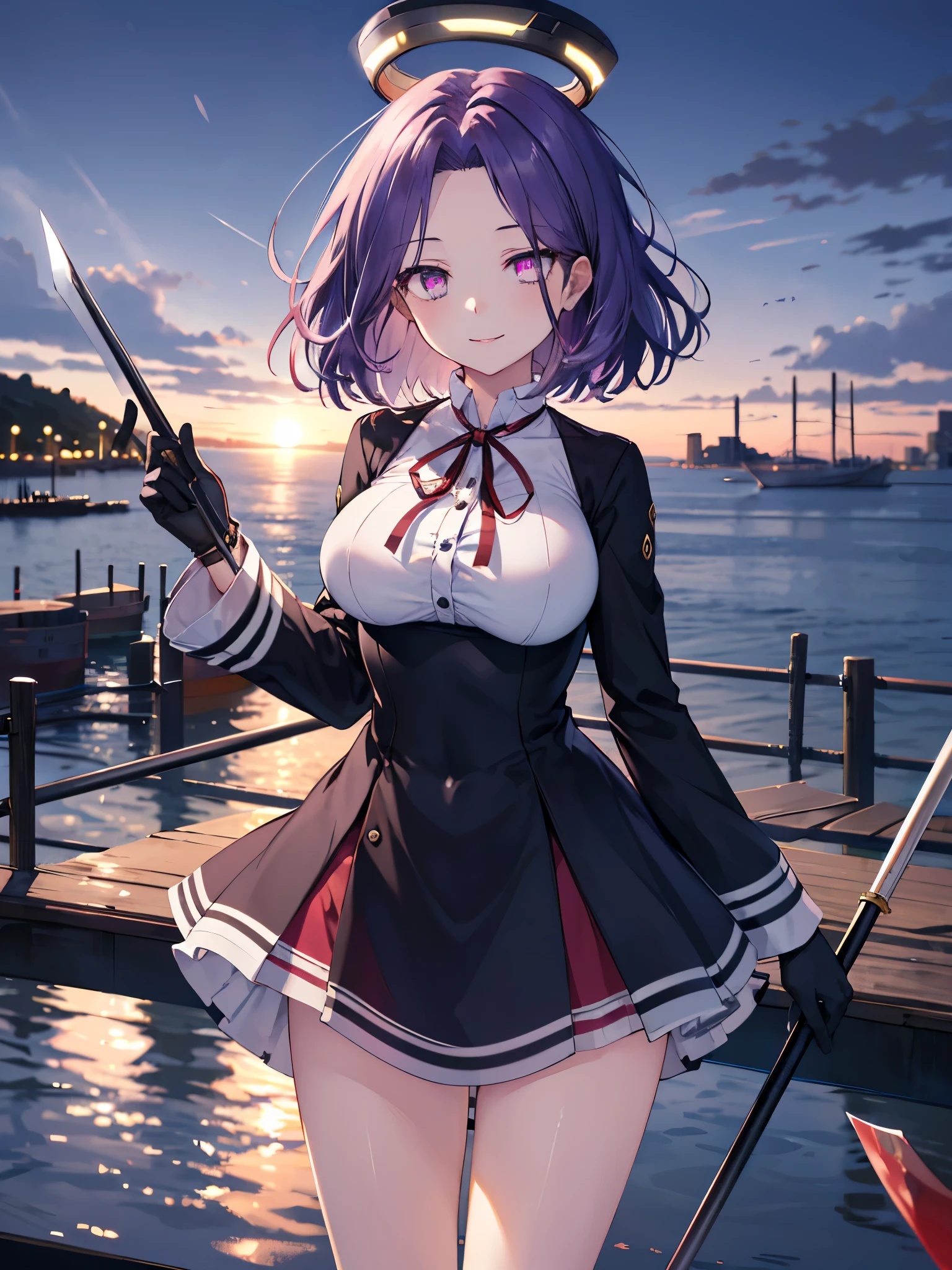 masterpiece, best quality, highres, mechanical halo, (big_breasts:1.2), black dress, neck ribbon, long sleeves, black gloves, outdoors, cowboy shot, standing, holding weapon, polearm,smile,,harbor_town_landscape,purple_halfeyes,(scornful eyes:1.4)