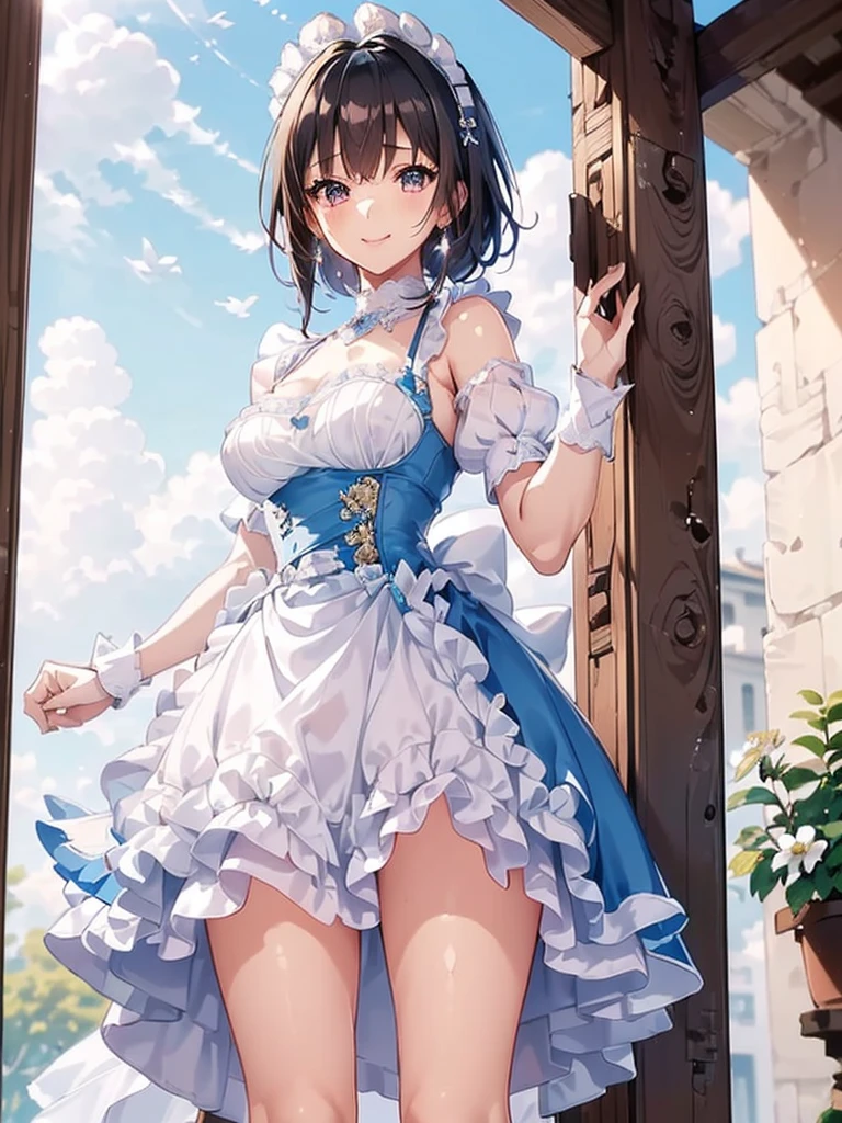 (8K, masutepiece, Highest Quality, Best Quality, Official art, Breathtaking beauty and aesthetics, A highly detailed, The best masterpiece in history that exceeds limits, Breathtaking and beautiful lighting:1.2), (1 Absolute Beautiful Girl, Solo:1.3), , (shiny white skin), (pink twin tail hair, Bangs:1.5), (adolable big pink eyes, drooing eyes:1.5), (Breathtaking Beautiful baiana dress, ruffled dress,  blue lace trim, Cutwork, blue frilled neckline, flared skirt, blue and white dress, layered dress, puffed_sleeves), (bust:1.2), (happy smile, Beautiful smile, Gentle smile, cute smile, innocent smile like an angel:1.2), (Attractive, amazing, Beautiful, Elegant, Luxurious, magnifica, Eye-catching, the ultimate beauty, Supreme Beauty, Superlative beauty, Elegant, Beauty, Graceful, Everyone loves it, Beauty that fascinates everyone, Healed, The highest level of complete beauty, cute like an idol, Stylish like a fashion model, Goddess-like grace, Be loved, cute little, adolable, Look at the camera, cute little pose, Happy), breathtaking scenery, (standing, Breathtakingly beautiful Luxurious spring garden, blue sky:1.5),