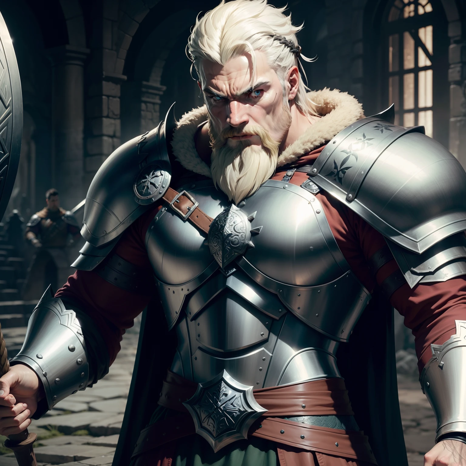 male character, RPG, nordic warrior, Nordic armor, scars, Furiosa, Intimidating Enforcer, viking, very strong, homely