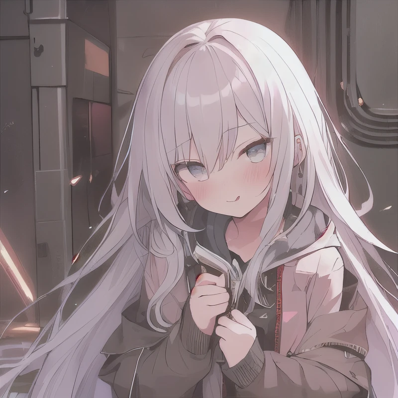 One girl, chest, Blushing, accessories,Gaze, Metallic eyes,Sticking out tongue, earphone, Anatomically correct, Highest quality, Bewitching elegance,Sit,Open clothing,Torn hoodie,Expose,Wires coming out of the body,Quiet,Long Hair,Girl、Young、