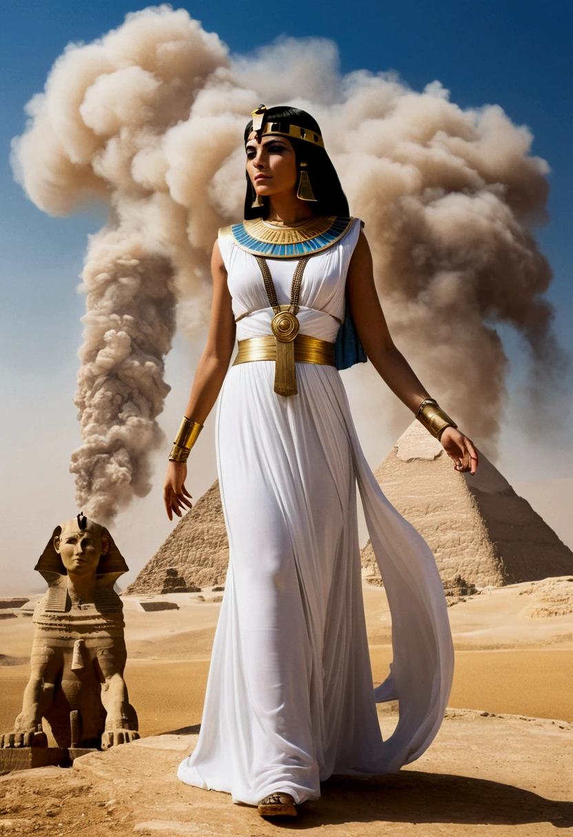 Cleopatra, dressed in flowing white, surrounded by mystical smoke, with the Sphinx and Giza plateau in the distance.