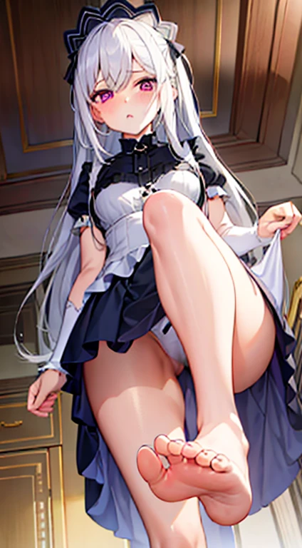 1 girl,White hair,purples eyes,housekeeper,long hair,tareme eyes,yandere,2legs,leg focus,hands on thigh, X-Shaped Hair Bands,from low,half-closed eyes,jitome,blush,perspiring,bare feet,feet,(five toes1.5),singles of feet,feet focus,perspiring,bare feet,FFA,from low,leg up,single,feet,looking ahead at viewer