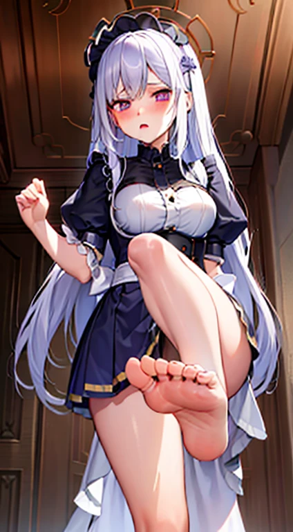 1 girl,White hair,purples eyes,housekeeper,long hair,tareme eyes,yandere,2legs,leg focus,hands on thigh, X-Shaped Hair Bands,from low,half-closed eyes,jitome,blush,perspiring,bare feet,feet,(five toes1.5),singles of feet,feet focus,perspiring,bare feet,FFA,from low,leg up,single,feet,looking ahead at viewer