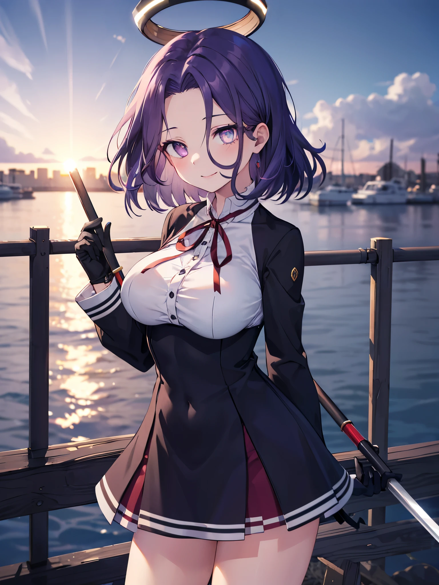 masterpiece, best quality, highres, mechanical halo, (big_breasts:1.2), black dress, neck ribbon, long sleeves, black gloves, outdoors, cowboy shot, standing, holding weapon, polearm,smile,,harbor_town_landscape,purple_halfeyes,(scornful eyes:1.4)
