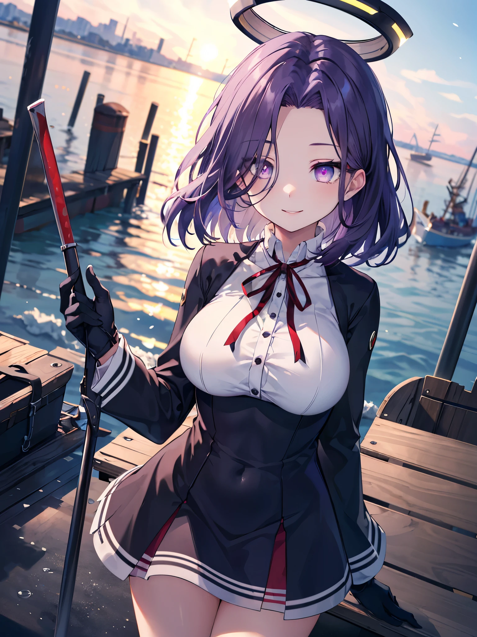 masterpiece, best quality, highres, mechanical halo, (big_breasts:1.2), black dress, neck ribbon, long sleeves, black gloves, outdoors, cowboy shot, standing, holding weapon, polearm,smile,,harbor_town_landscape,purple_halfeyes,(scornful eyes:1.4)