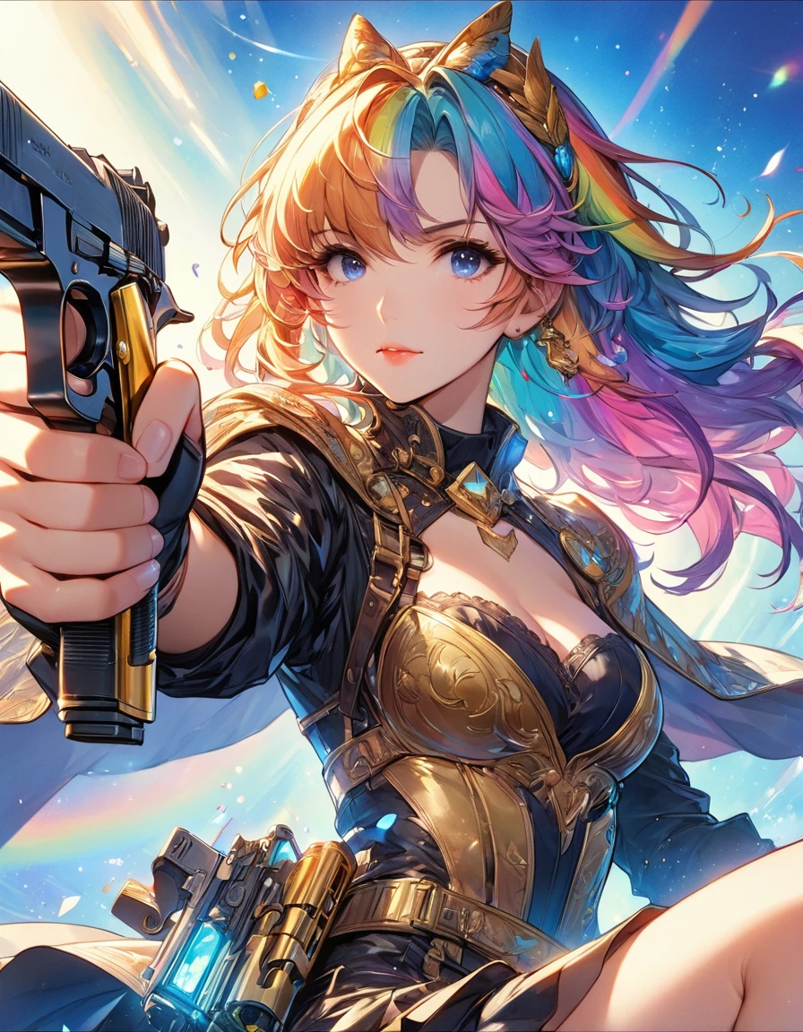Browsing Caution,((masterpiece,Highest quality,4K)),score_9, score_8_Excellent, score_7_Excellent,anime, anime,Rainbow Hair,Wearing a black and gold dress,animeの女の子、Blue background, krenz cushart and art jam, 美しく魅力的なanimeの女性, art jam style, Yoshika Amano Carol Buck, art jam detailed, style ivan talavera and art jam, Beautiful cartoon art, art jam. Attention to detail, art jam comic,Valkyrie,Golden gun,