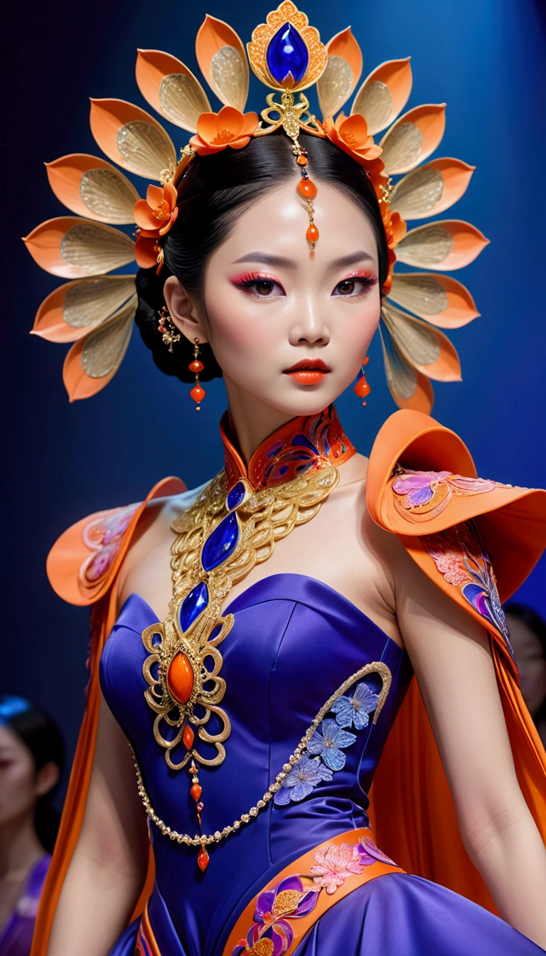 ((Inspired by Guo Pei )), （fashion show：1.3），Female model wearing an extraordinary avant-garde dress，Looking at the audience, Cross your arms, orange braid, Lotus headdress, Violet necklace, 在一场高级fashion show的T台上，Crimson lips，She exudes an otherworldly beauty，Experimental photography，Surreal contrasts，Layered contours，Complex Mode，Depth and size，translucent，Crystal structure，glowing lines，Fluorescence，Backlight，Light particle blur，闪耀Fluorescence感，Textured Matte，Rose red，blue， (best quality,4K,8k,highres,masterpiece:1.2),(realistic,photorealistic,photo-realistic:1.37),