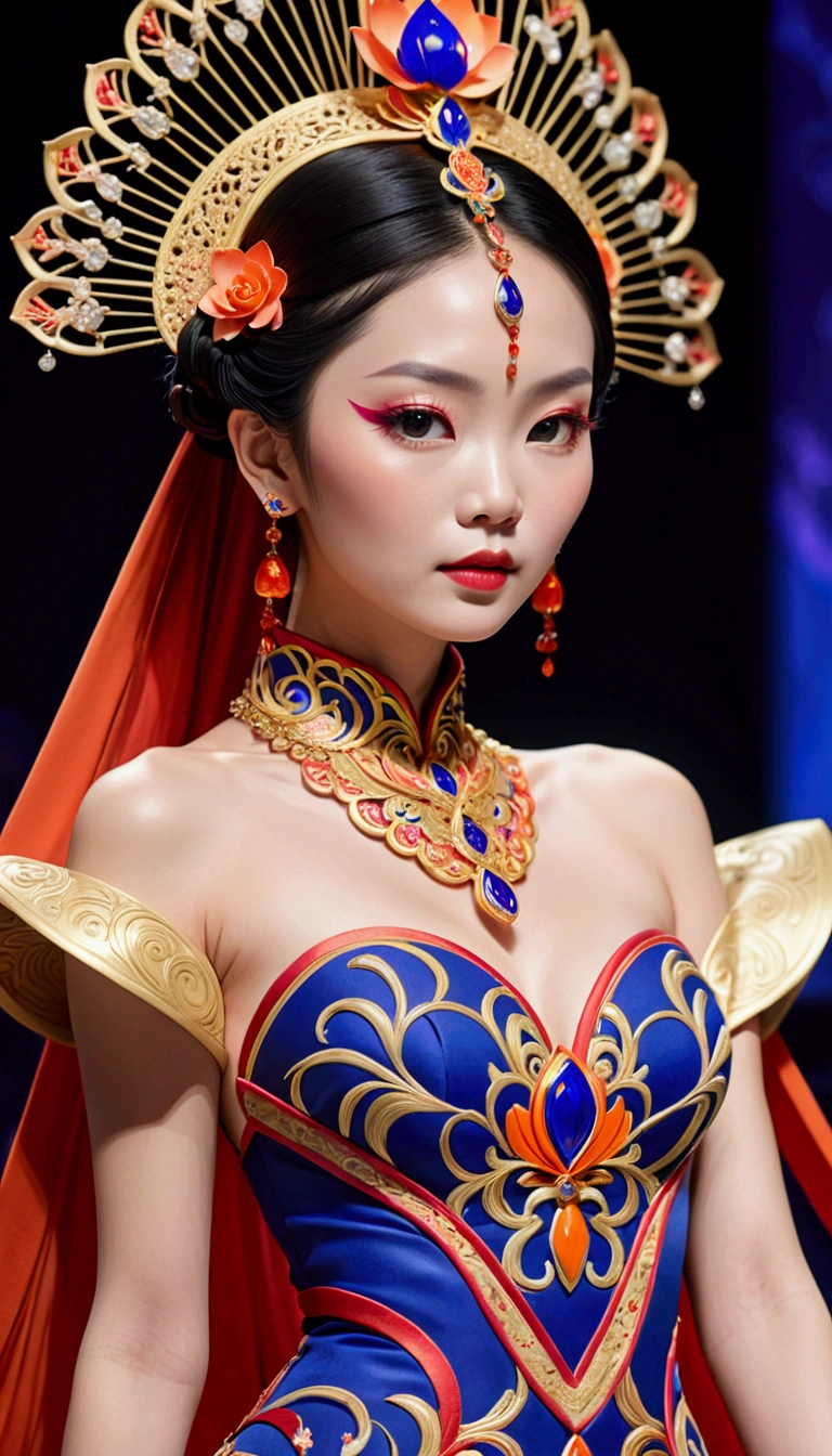 ((Inspired by Guo Pei )), （fashion show：1.3），Female model wearing an extraordinary avant-garde dress，Looking at the audience, Cross your arms, orange braid, Lotus headdress, Violet necklace, 在一场高级fashion show的T台上，Crimson lips，She exudes an otherworldly beauty，Experimental photography，Surreal contrasts，Layered contours，Complex Mode，Depth and size，translucent，Crystal structure，glowing lines，Fluorescence，Backlight，Light particle blur，闪耀Fluorescence感，Textured Matte，Rose red，blue， (best quality,4K,8k,highres,masterpiece:1.2),(realistic,photorealistic,photo-realistic:1.37),