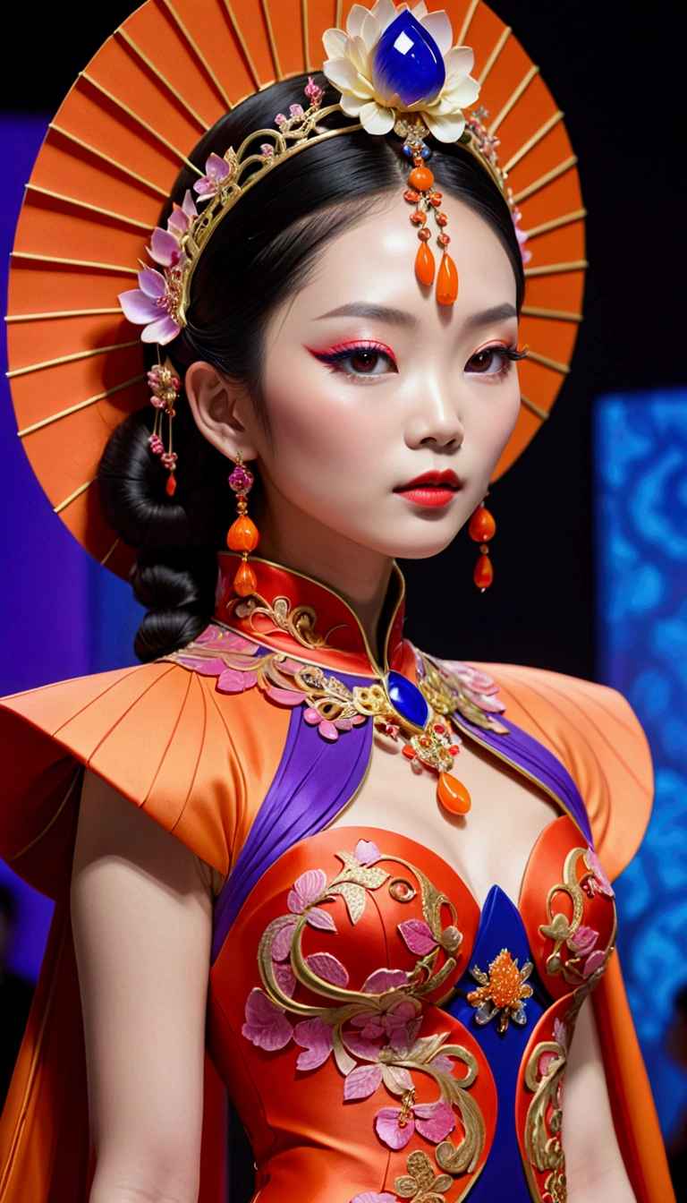 ((Inspired by Guo Pei )), （fashion show：1.3），Female model wearing an extraordinary avant-garde dress，Looking at the audience, Cross your arms, orange braid, Lotus headdress, Violet necklace, 在一场高级fashion show的T台上，Crimson lips，She exudes an otherworldly beauty，Experimental photography，Surreal contrasts，Layered contours，Complex Mode，Depth and size，translucent，Crystal structure，glowing lines，Fluorescence，Backlight，Light particle blur，闪耀Fluorescence感，Textured Matte，Rose red，blue， (best quality,4K,8k,highres,masterpiece:1.2),(realistic,photorealistic,photo-realistic:1.37),