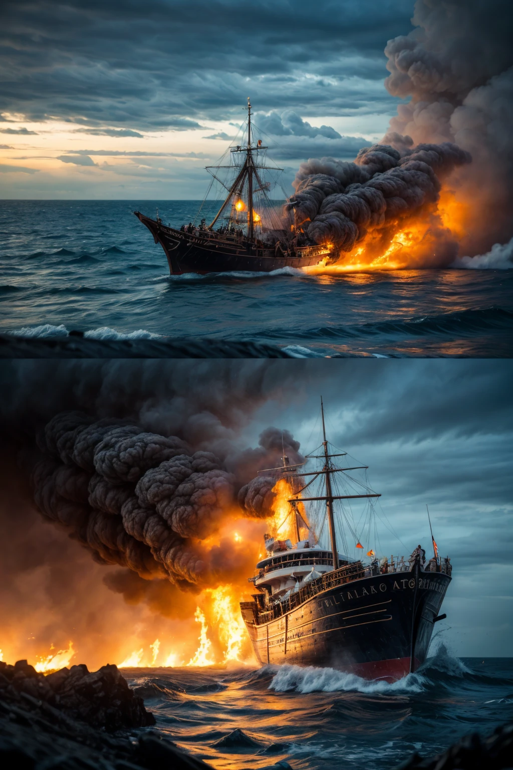 Pirate Ship Battle with their Skull and Crossbones Flags:1.3, A group of pirate ships engaged in a fierce battle, Pirates fighting with swords on the deck of the ships:1.5, Fire, Smoke, Dramatic Lighting, Stormy Seas, High Waves, Dramatic Sky, Cinematic Atmosphere, Detailed Textures, Photorealistic, 8k, (Best Quality, 4k, 8k, Hi-Res, Masterpiece:1.2), Ultra-Detailed, (Realistic, Photorealistic, Photorealistic:1.37), Dynamic Action, Intense Combat, Vivid Colors, Dramatic Shadows and Reflections