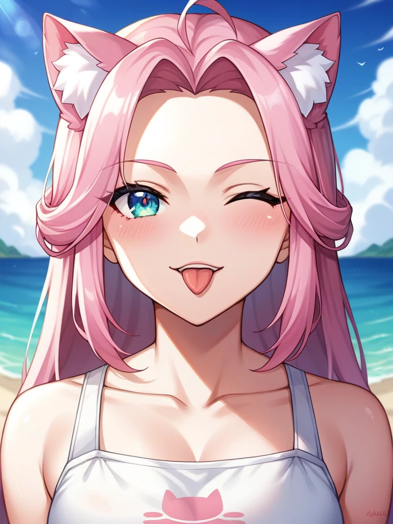 grown-up, female, long pink hair, Ocean eyes, blinking, tongue out, vtuber, otaku room, work of art, precise, anatomically correcte, best qualityer, High details, detail, Super detailed, Melhor detail, perfect  detail, incredible detail, [-3, 3], perfect toes, perfectbody, best body, amazing body, looking ahead at viewer, facing forward, upper-body shot, Cat's ears, close up, 