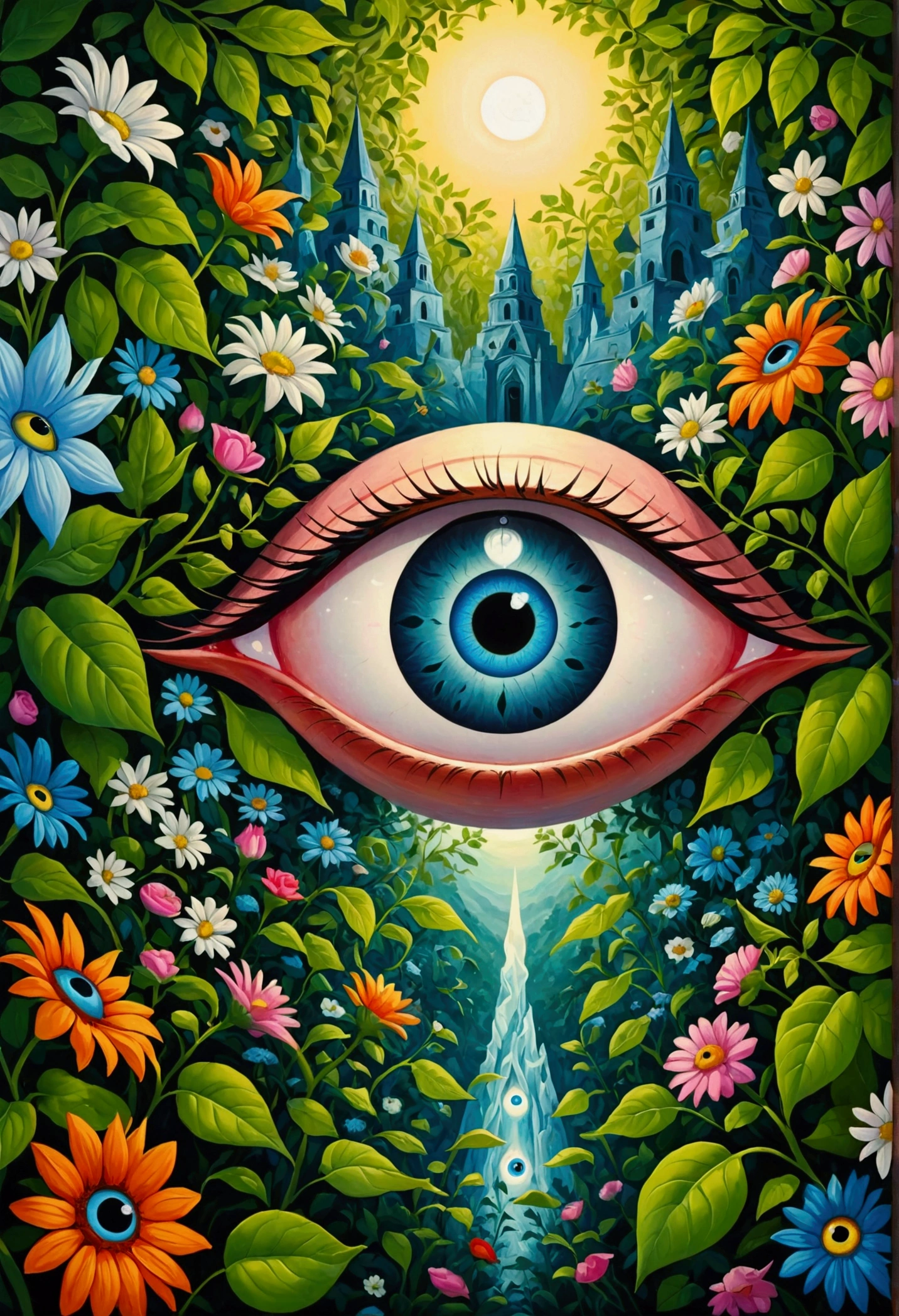 A painting,There is a blue eye in the painting,Surrounded by green leaves and flowers, Maksimilijan Vanka’s Surrealism, Recommended on Behance, Psychedelic Art, Portrait of a mysterious giant eye, Very detailed and hypnotic, Mysterious Eye, Psychedelic illustration, Maxim Sukarev, All-Seeing Eye, artwork, Psychedelic surrealist art, adrian borda, big eyes