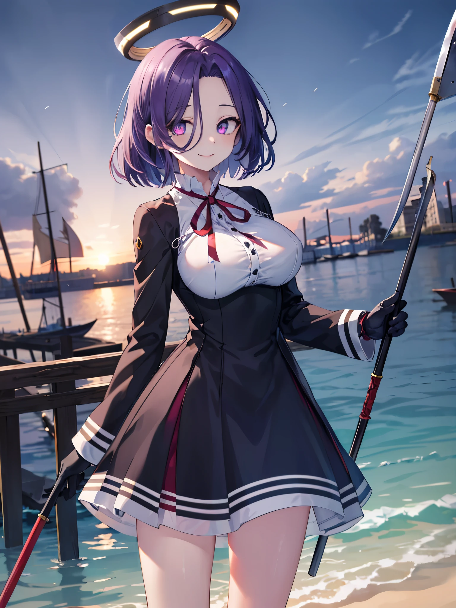 masterpiece, best quality, highres, mechanical halo, (big_breasts:1.2), black dress, neck ribbon, long sleeves, black gloves, outdoors, cowboy shot, standing, holding weapon, polearm,smile,,harbor_town_landscape,purple_halfeyes,(scornful eyes:1.4)